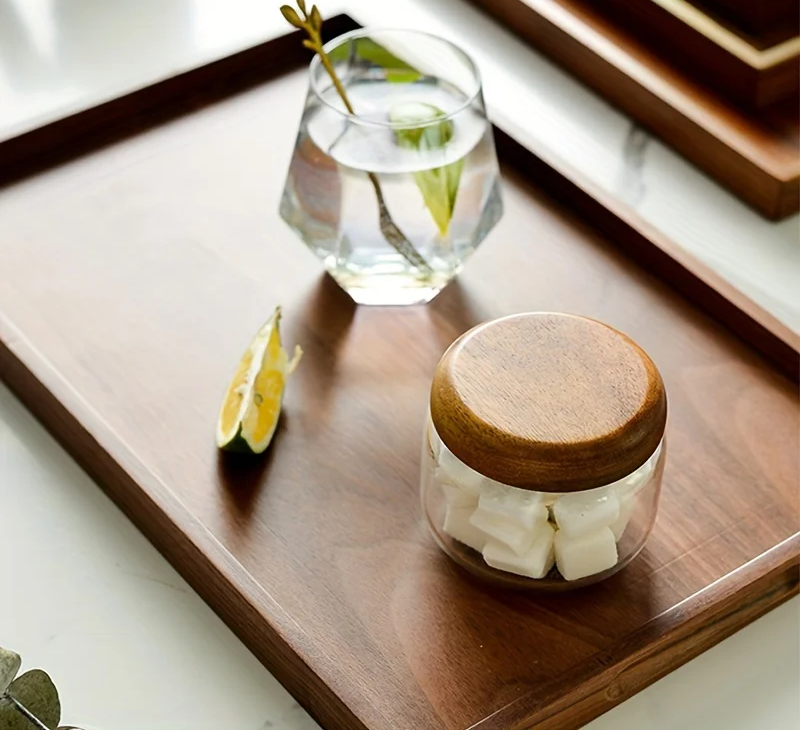 Beautiful Tray Walnut Wood Rectangular Shape Trays For Drinks And Decor With Nordic Style Fractal Glass And Wilder Collection Food Jar