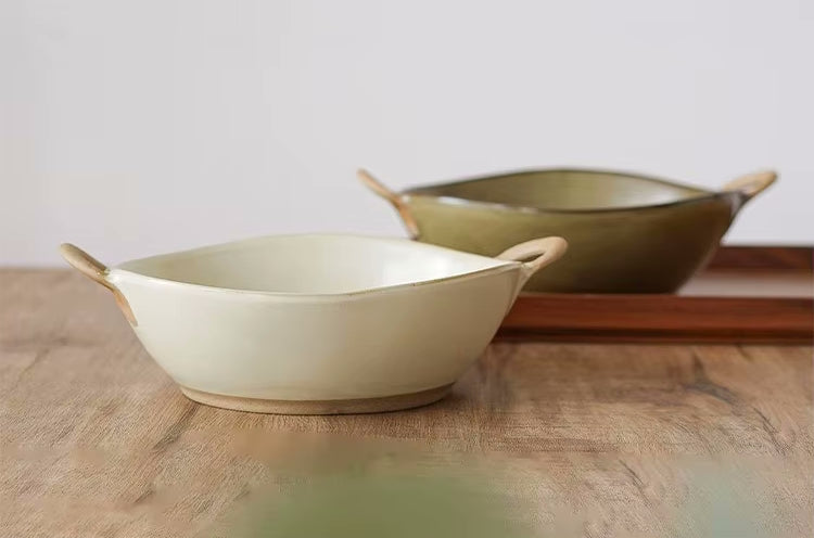Farmhouse Villa Style Irregular Shaped Ceramic Bowls With Handles