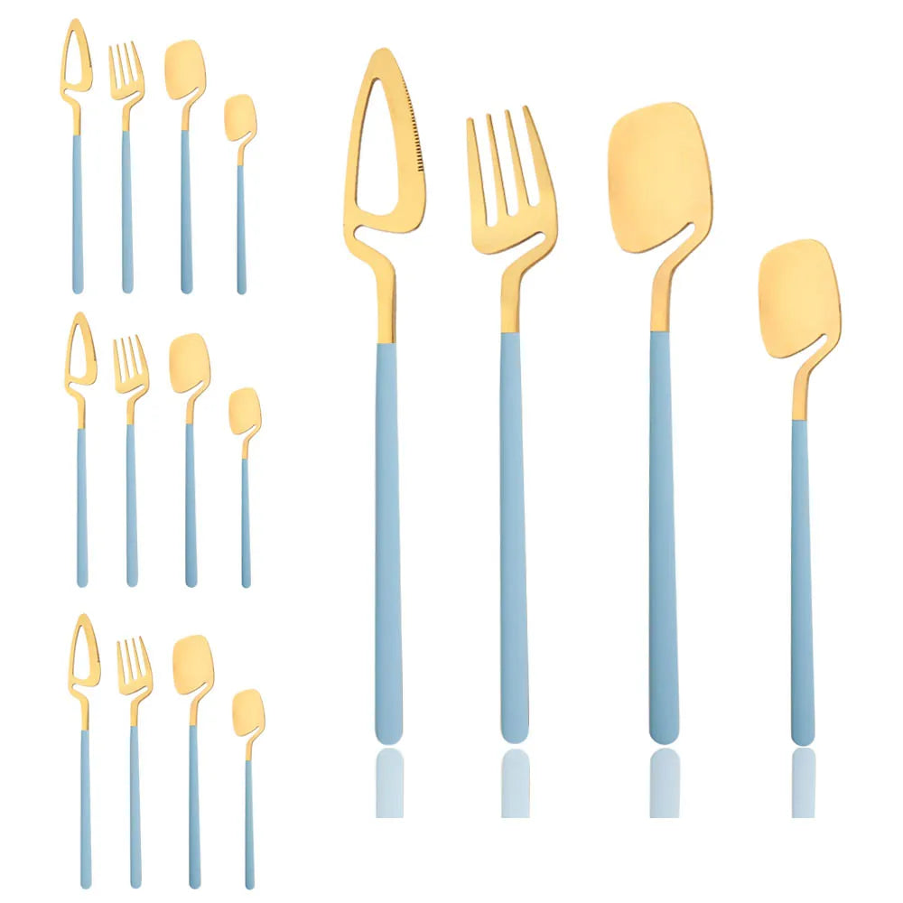 Surreal Style Gold Stainless Steel Flatware With Colorful Blue Handles Silverware 16 Set Piece
