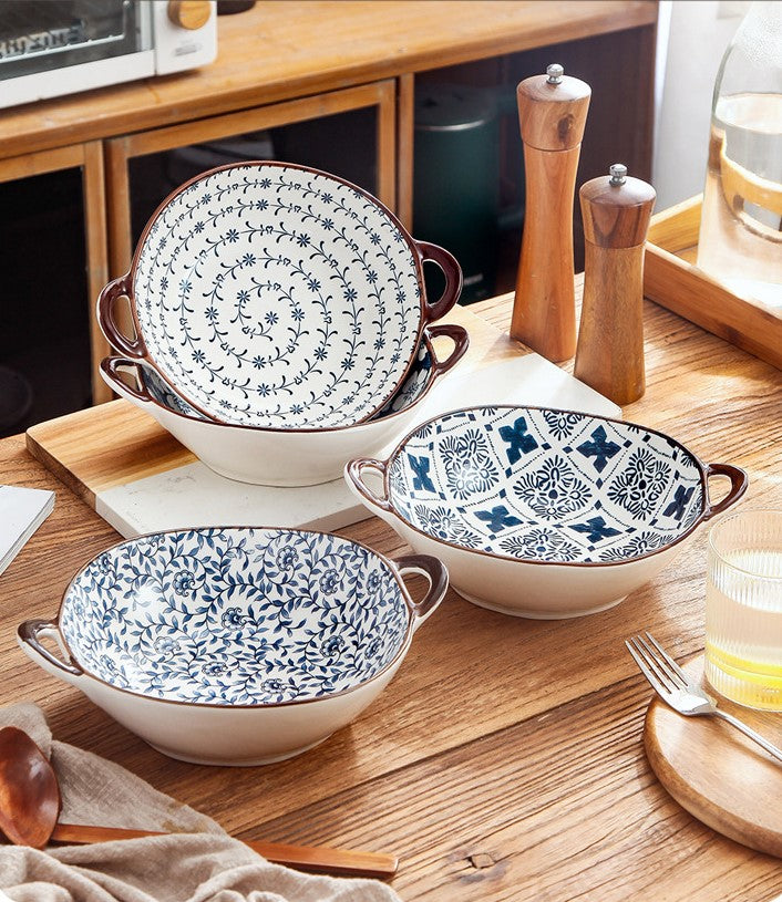 Farmhouse Table With Mediterranean Bowls In Blue And White Patterns Greek Inspired Dinnerware