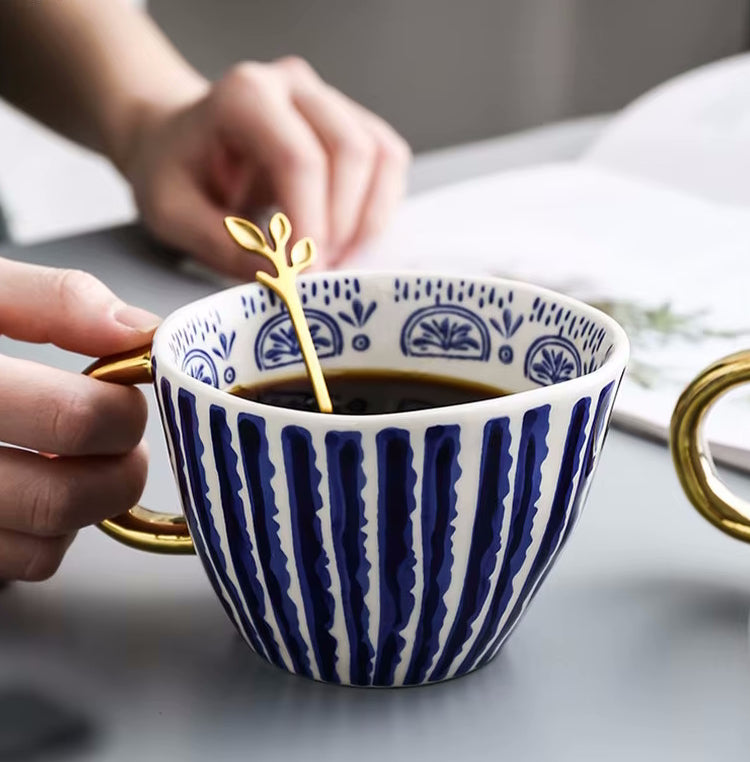Stylish Plantation Cobalt Blue Mug With Gold Handle Coffee Cup