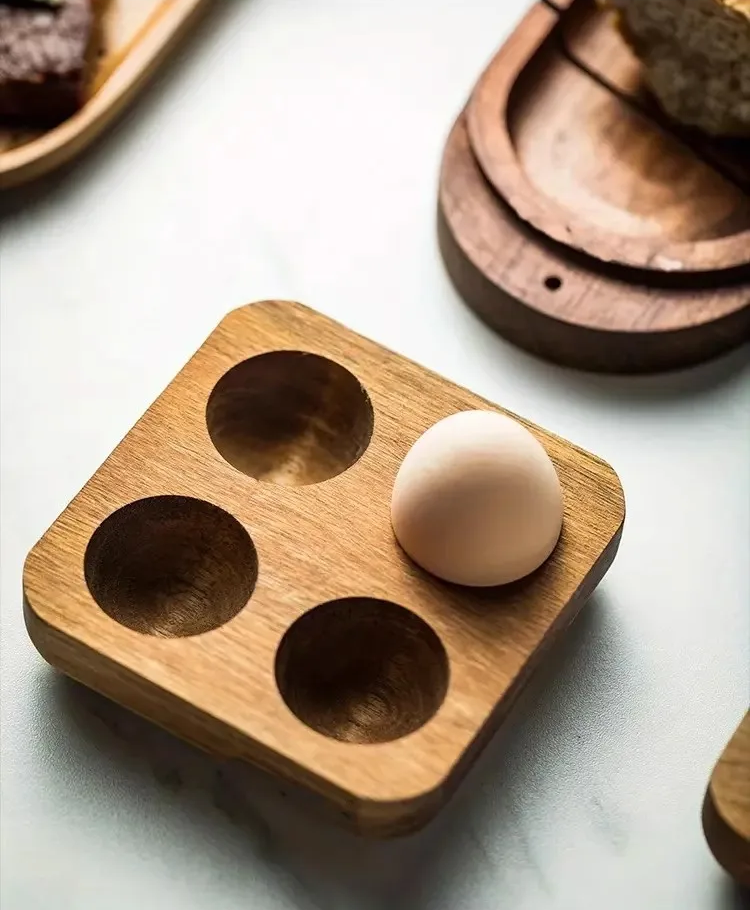 Four Hole Egg Storage Tray Wooden Fresh Egg Holder Farmhouse Kitchen Decor