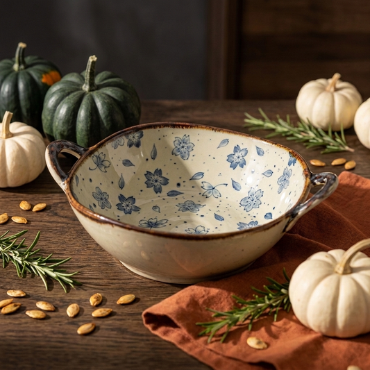 Acorn Squash Fall Pumpkins And Farmhouse Style Bowl With Handles Ceramic Dish Autumn Decor