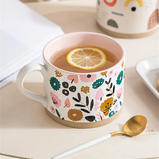 Beautiful Floral Pink Posies Mug Next To Gold Spoon With White Handle Adorable Florals