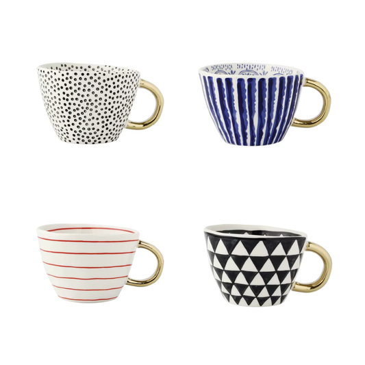 Artistic Style Patterned Irregular Shaped Ceramic Mugs With Gold Handles