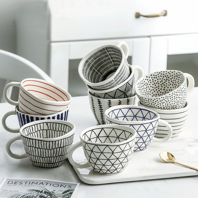 Artistic Style Patterned Purposefully Irregular Shaped Ceramic Mugs On Kitchen Table