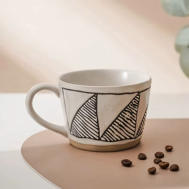 Black Diagonal Pattern Craft Style Coffee Mug With Organic Beans
