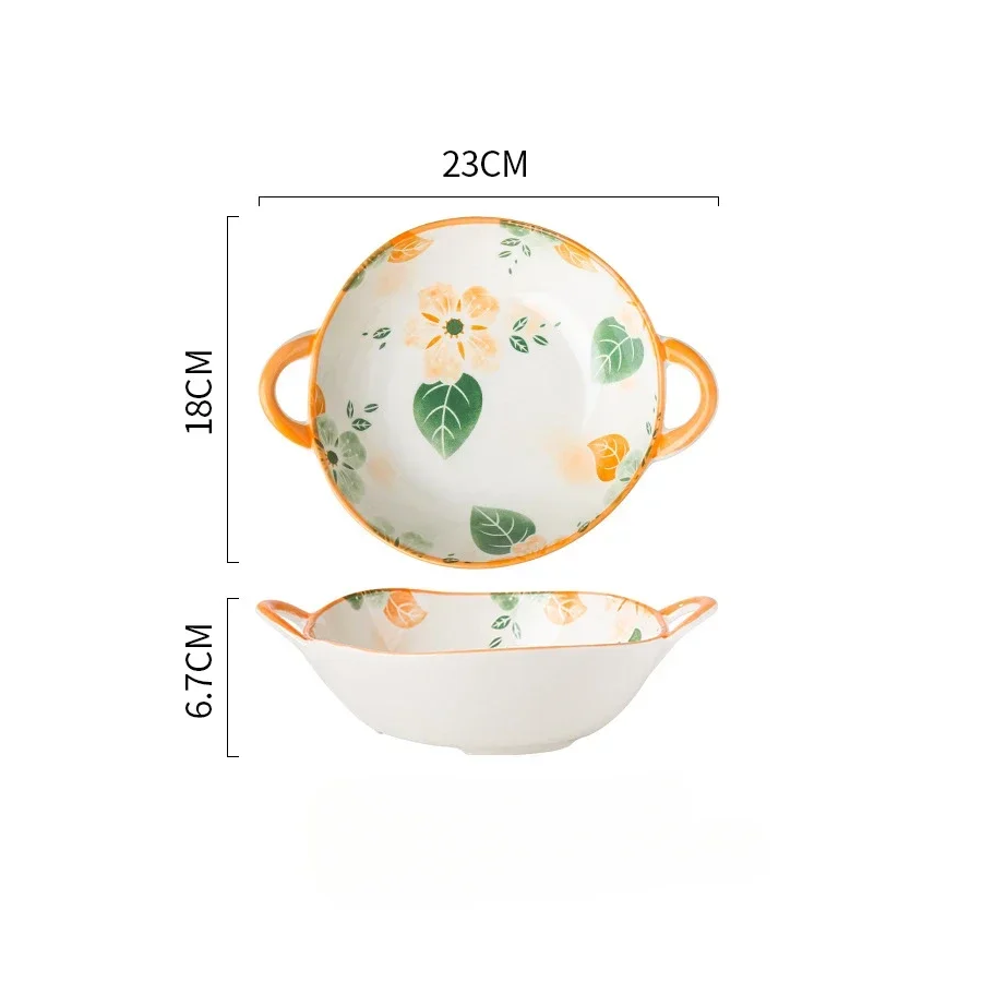 Ceramic Bowl With Handles Irregular Shape Dish Size Measurements Breezy Style Floral Pattern Mimosa