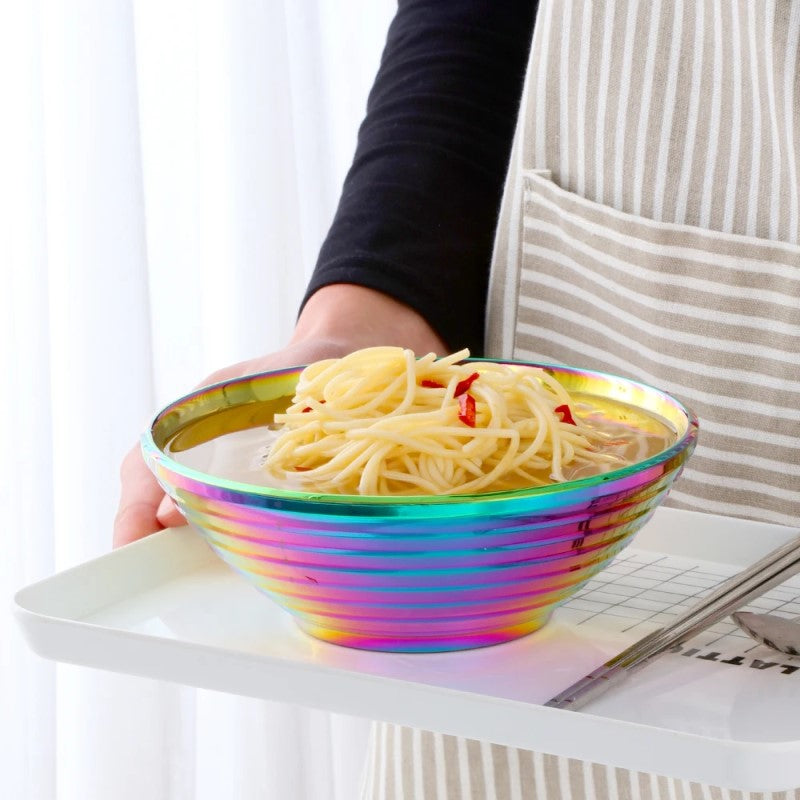 Shiny Metal Bowl In Glam Iridescent Rainbow Colors For Hot Noodles And Other Recipes