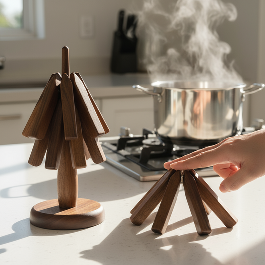 Cooking At Home Using Collapsible Wooden Hot Pad Trivet Tree From Terra Powders