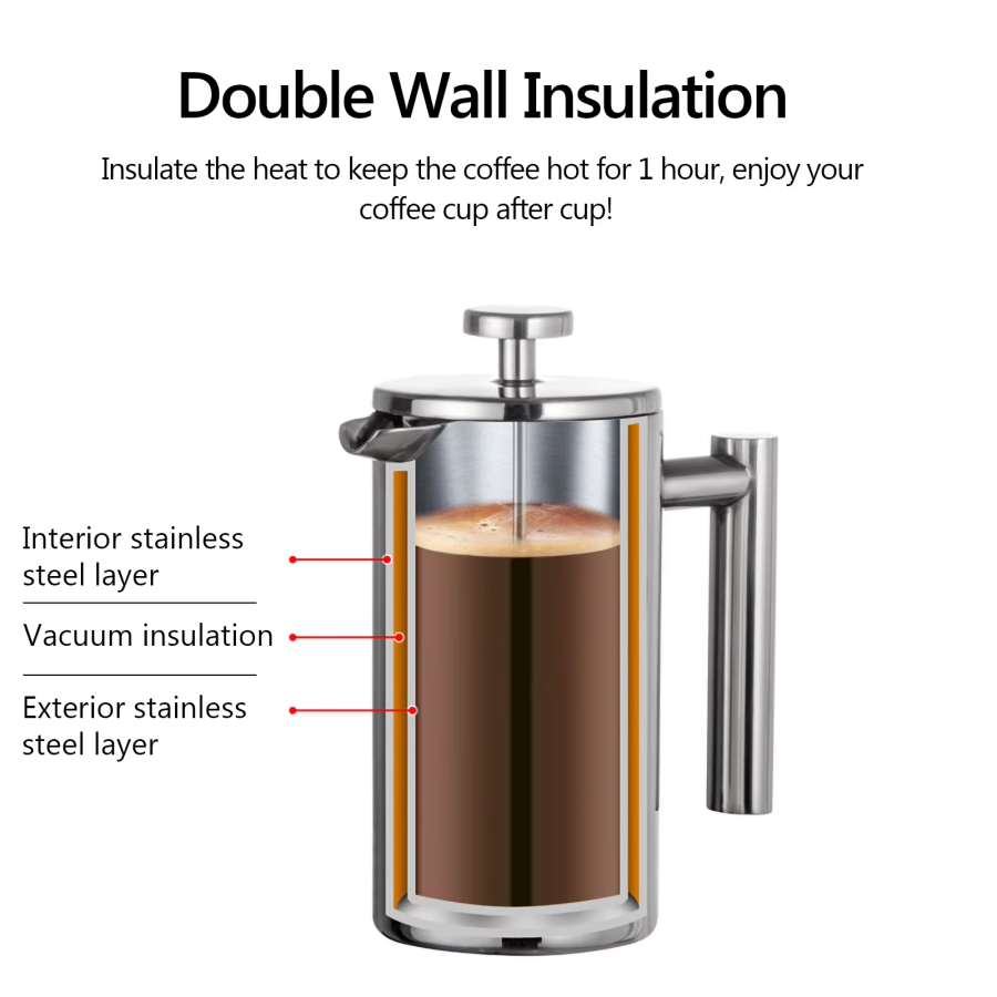 Double Wall Insulated French Press Keeps Coffee Hot Stainless Steel Pot