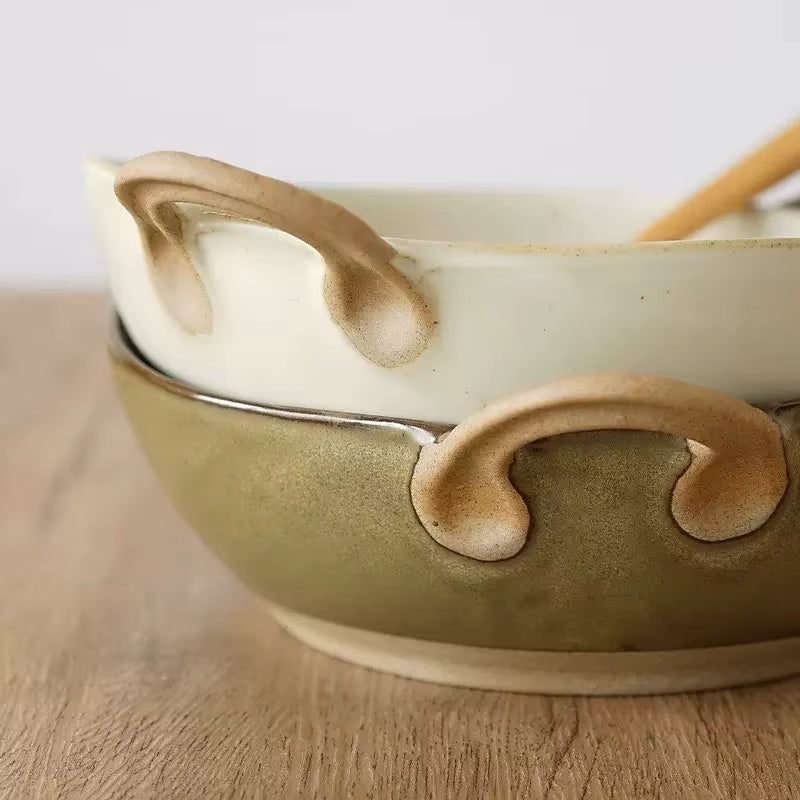 Farmhouse Villa Style Irregular Shaped Ceramic Bowls With Handles