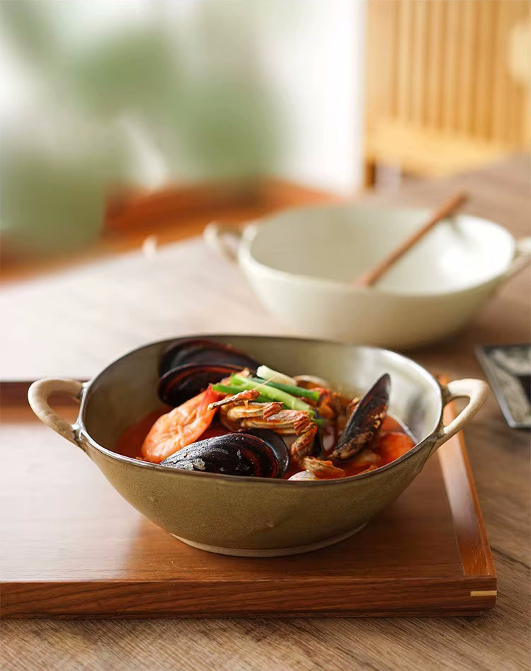 Farmhouse Villa Style Irregular Shaped Ceramic Bowls With Handles