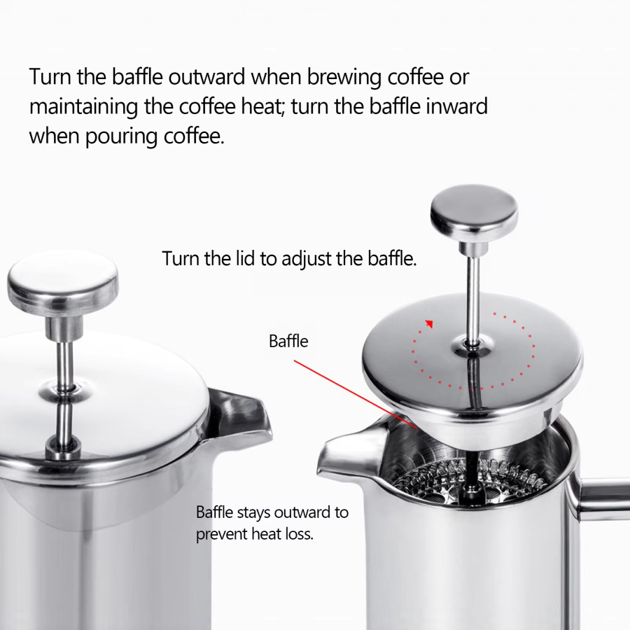 Luxury Stainless Steel French Press With Baffle To Keep Coffee Hot