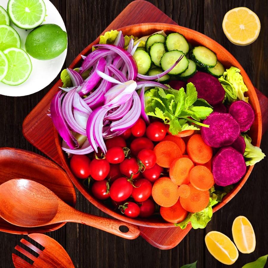 Fresh Salad Ingredients In Acacia Salad Bowl With Real Wood Serving Utensils