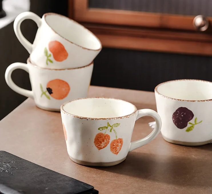 Fruity Pattern Ceramic Cups Craft Style Pottery Orchard Fruit Mugs