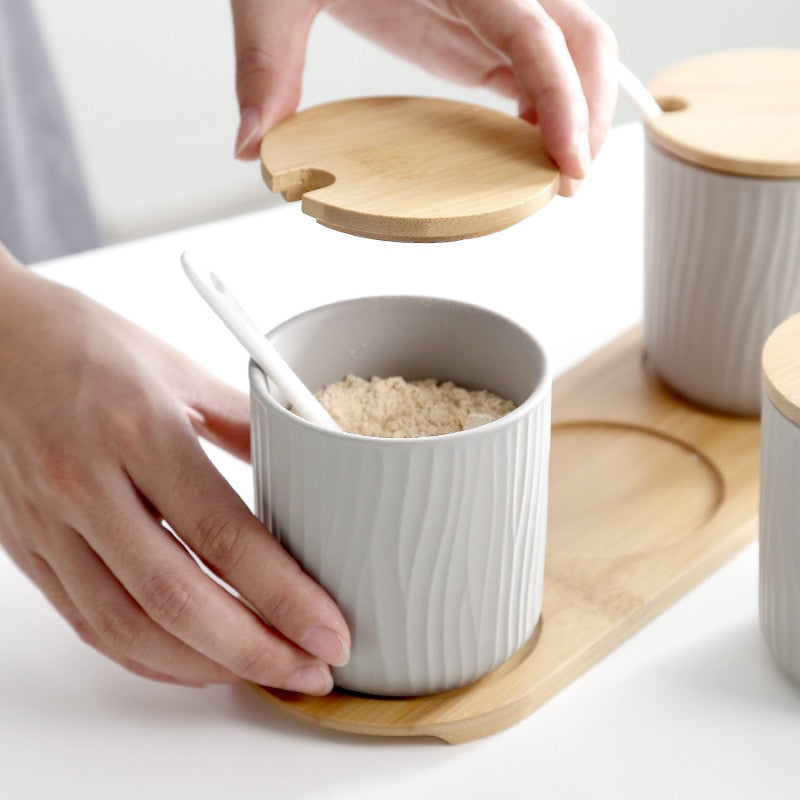 Spice Seasoning And Sugar Canister With Bamboo Lid Organic Seaside Style Ceramics