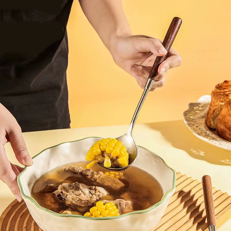 Home Chef Serving Meal With Sleek Style Soup Ladle Stainless Steel And Walnut Wood Utensil