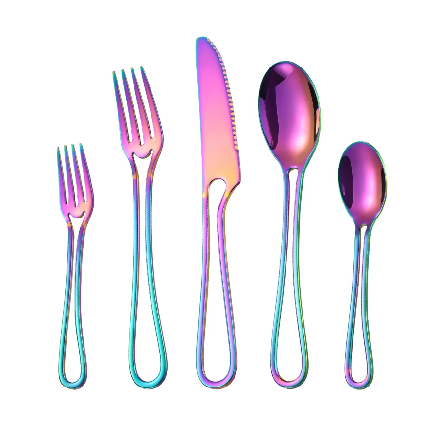 Minimalist Cut Out Handle Stainless Steel Iridescent Flatware 5 Piece Set