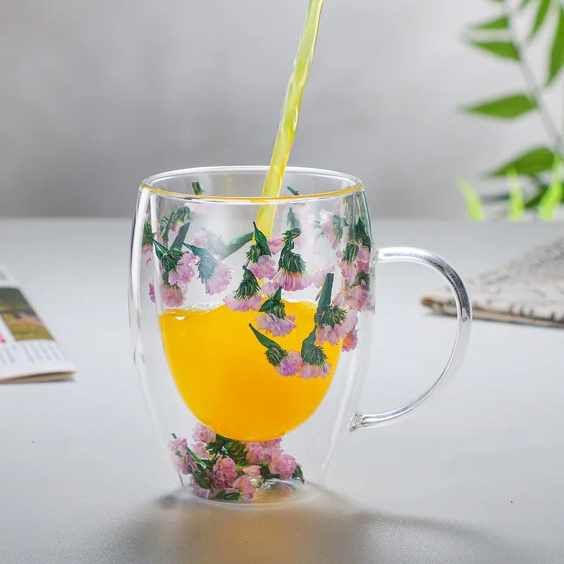 Pouring Juice Into Glass Mug With Flowers Pretty Pink Petite Arbor Double Wall Glass Cups