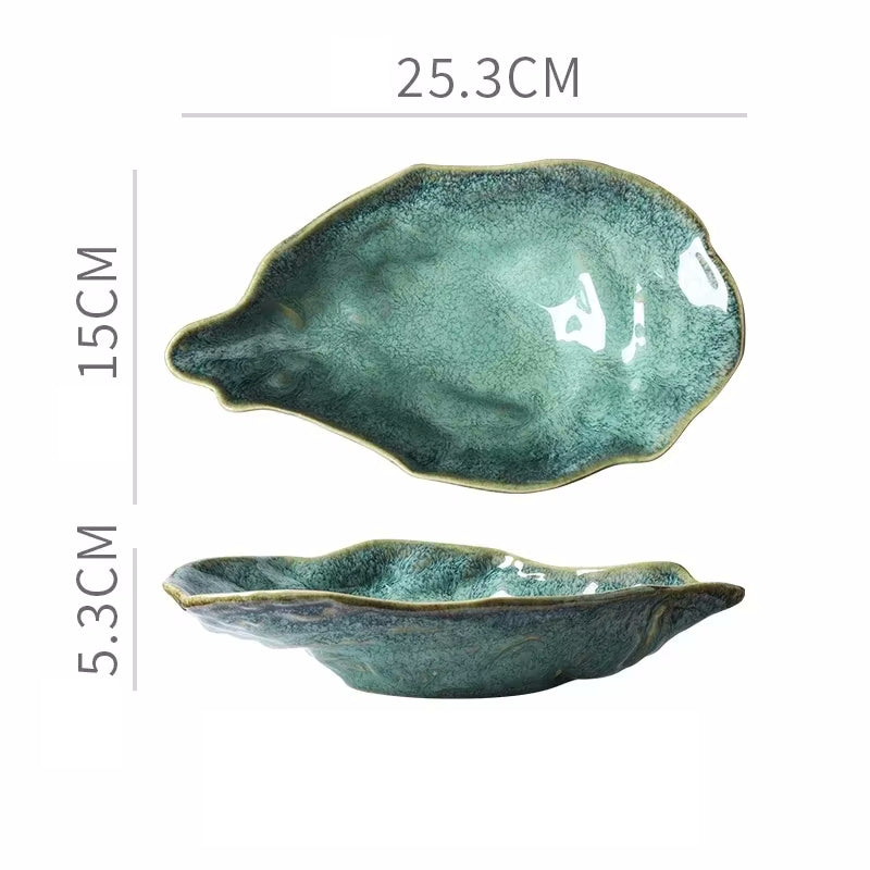 Large Emerald Shore Oyster Shaped Ceramic Dish Seashore Serveware
