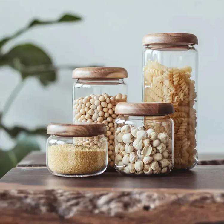 Round Glass Jars With Wooden Lids For Storing Food Decorative Kitchen Canisters In Various Sizes