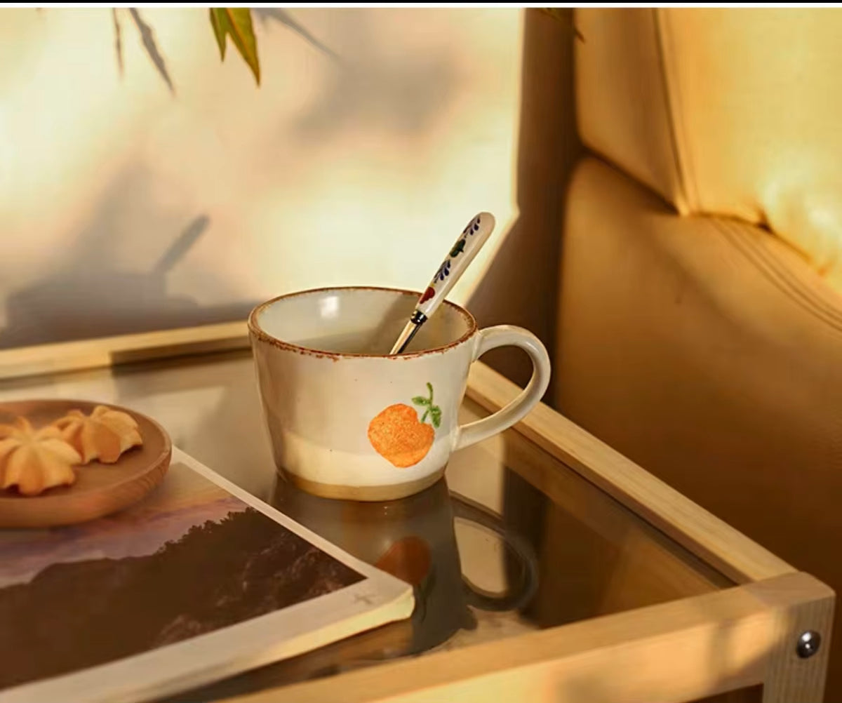 Orchard Fruit Style Ceramic Mug In Golden Lighting