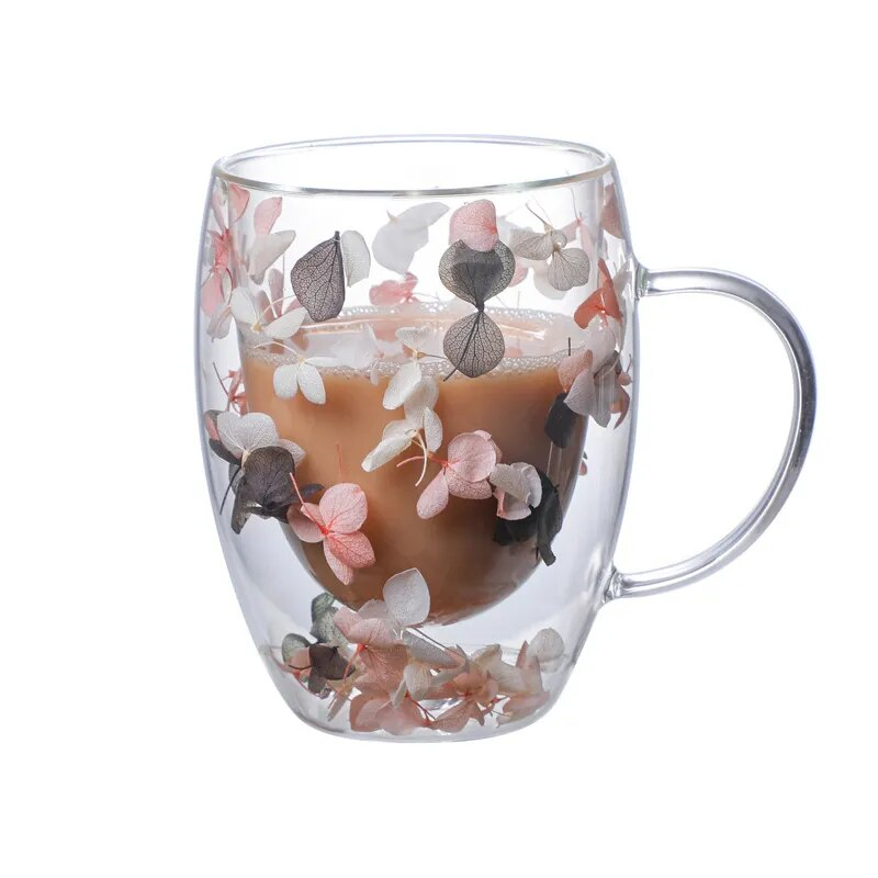 Petal Fancy Double Wall Paris Style Glass Mug With Dried Flowers