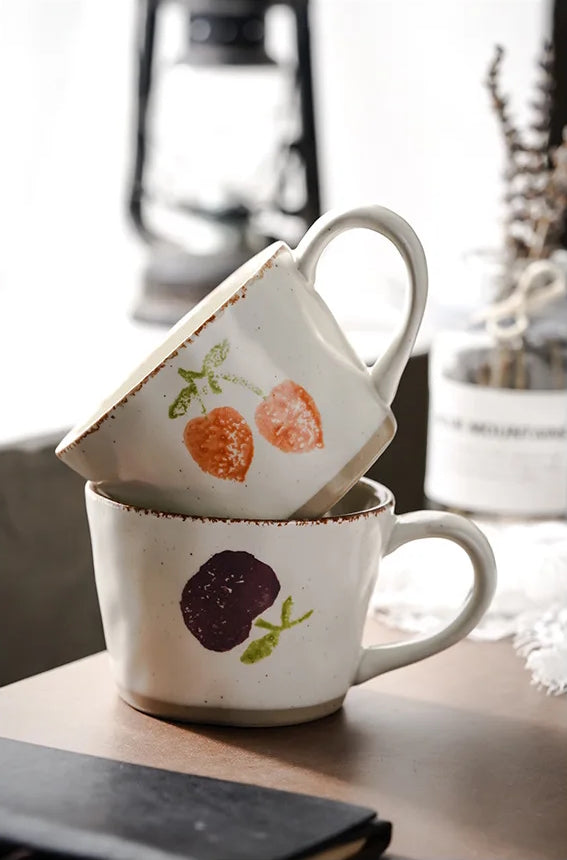 Peaches And Plum Stacked Mugs In Orchard Fruit Designs