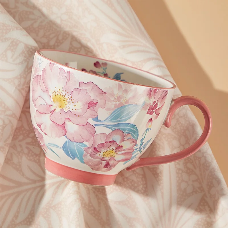 Pink Petals Cherry Blossom Style Flowers On Watercolor Garden Flowery Ceramic Cup