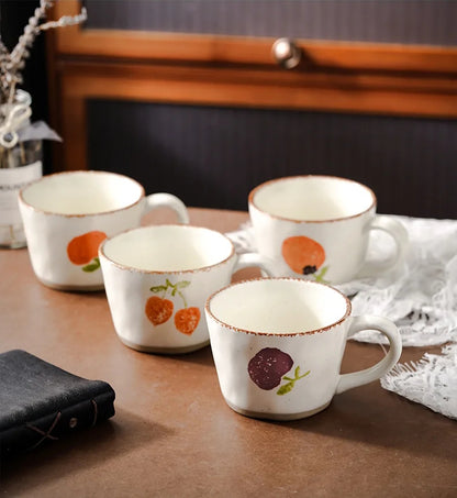 Pretty Fruit Mugs With Exposed Pottery Bases Orchard Fruit Drinkware Set