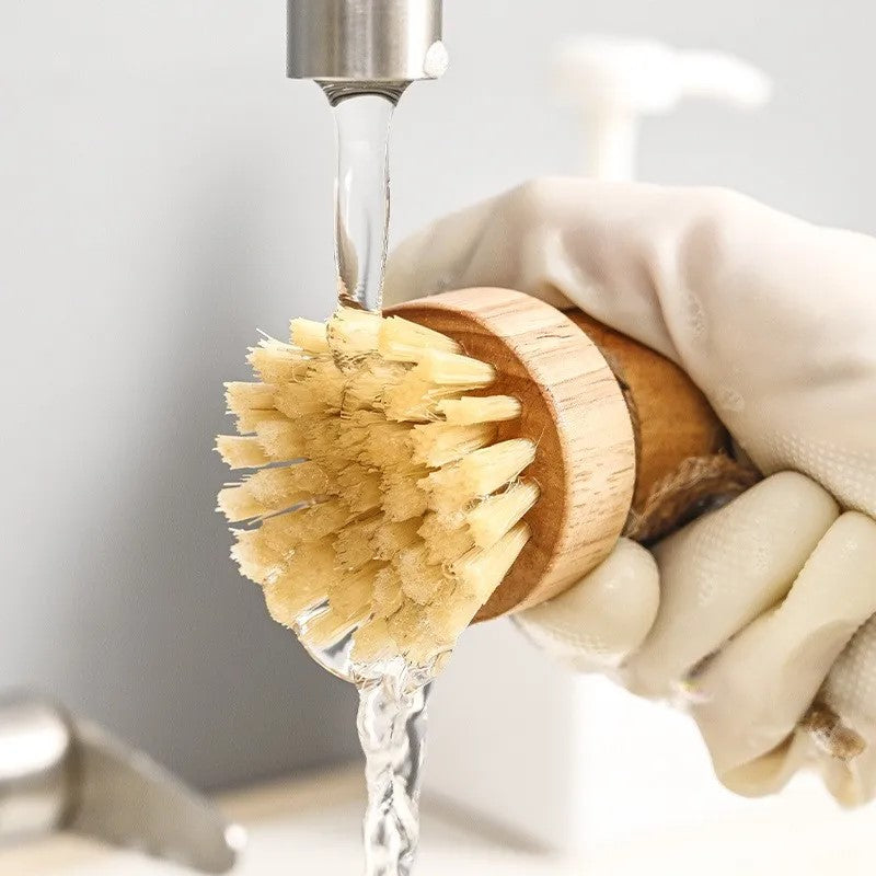 Kitchen Cleaning And Dish Brush With Round Handle And Natural Materials Sisal Bristles And Wooden Handle Design