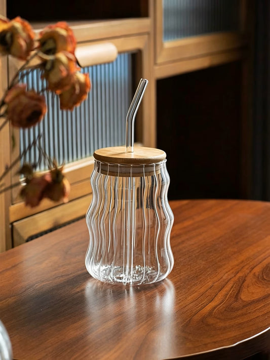 Ripply Drink Tumbler Glass Cup With Glass Straw And Bamboo Lid