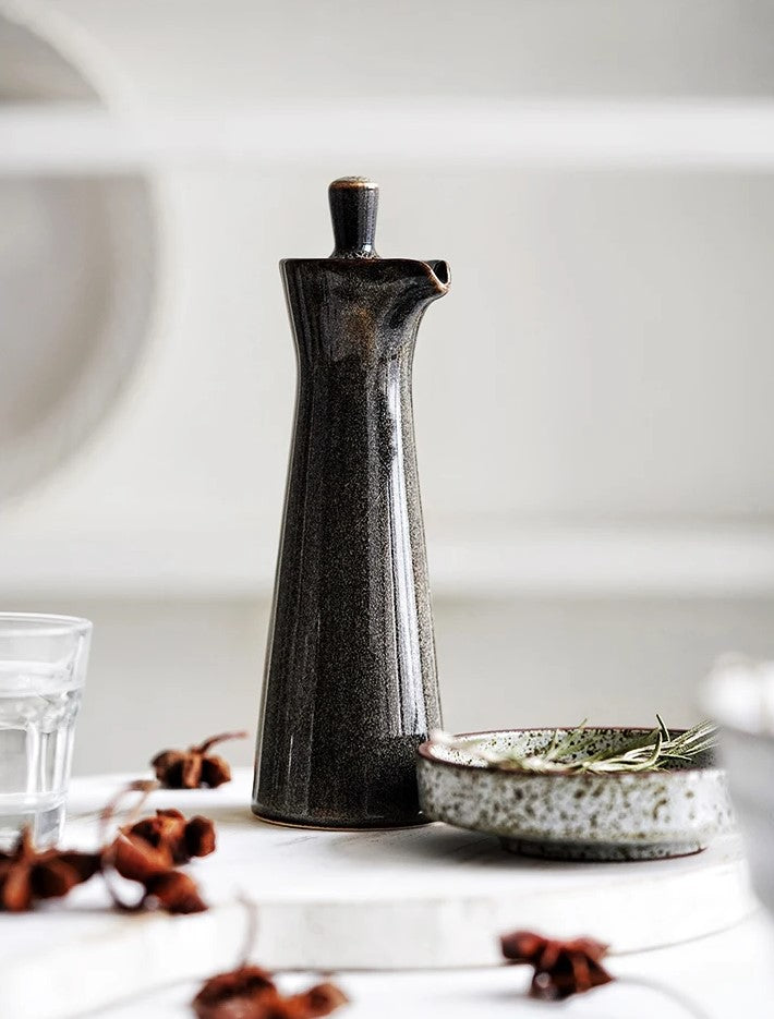 Rosemary Oil With Carob Dark Color Ceramic Cruet For Serving Oils And Vinegars