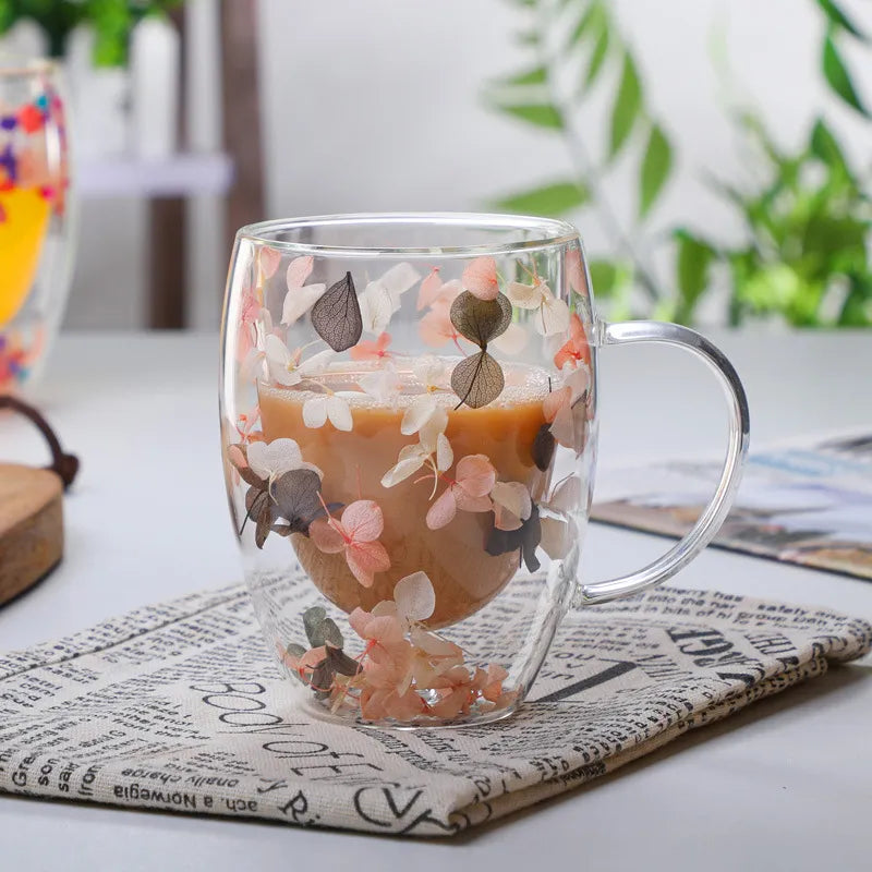 Black And Pink Paris Style Flower Filled Glass Mug Petal Fancy Drinking Cups