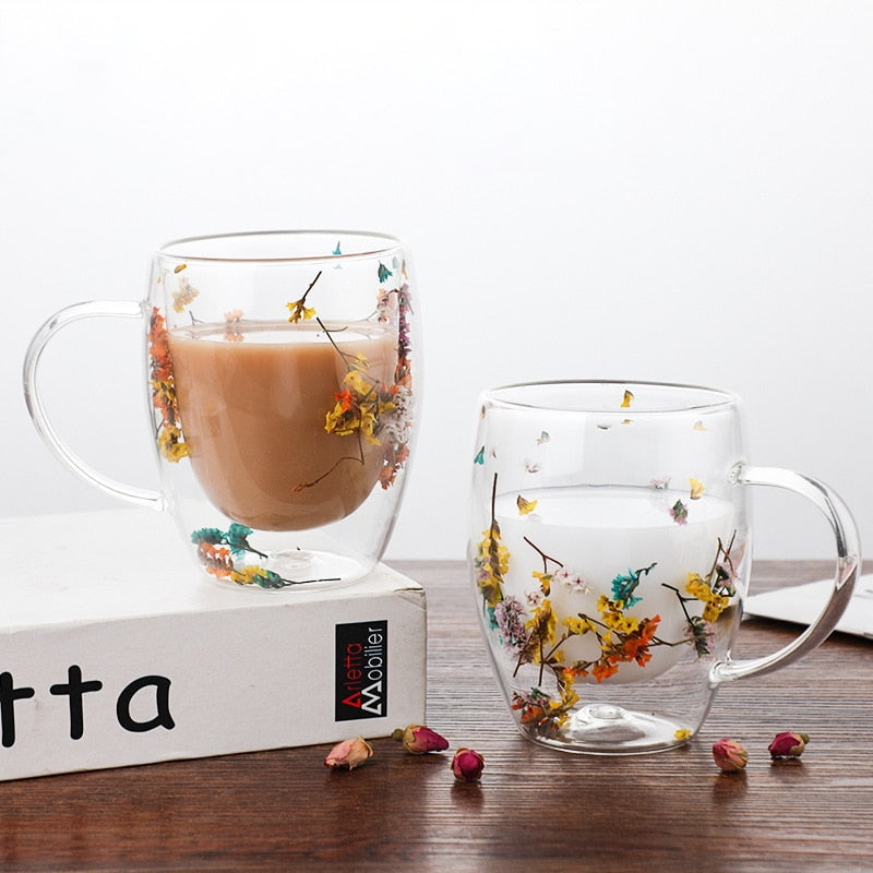 Glass Mugs With Flowers Shake Cup To See Brilliant Meadow Florals Move