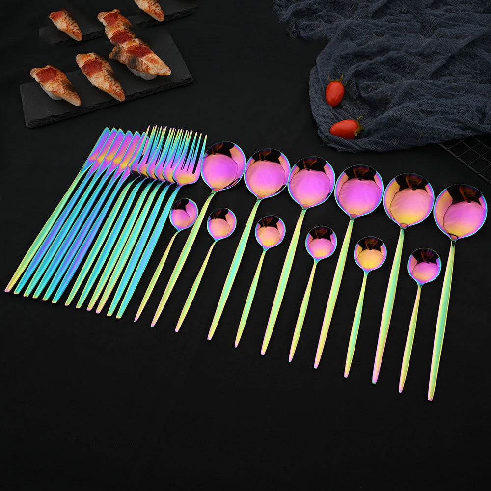 Shiny Flatware Iridescent Silverware In Reflective Rainbow Tones 24 Pieces Stainless Steel