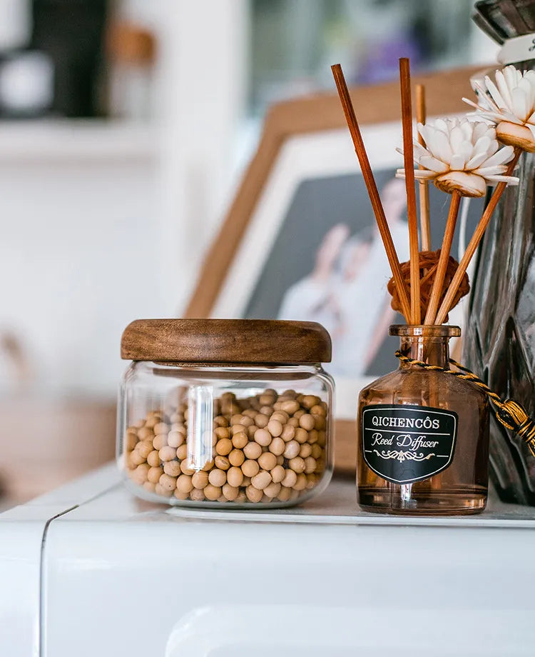 Decorative Glass Jar With Wooden Lid Acacia Wood On Clear Storage Container