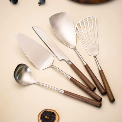 Sleek Kitchen Utensils For Cooking And Serving Meals Luxury Style Silver With Wood Handles