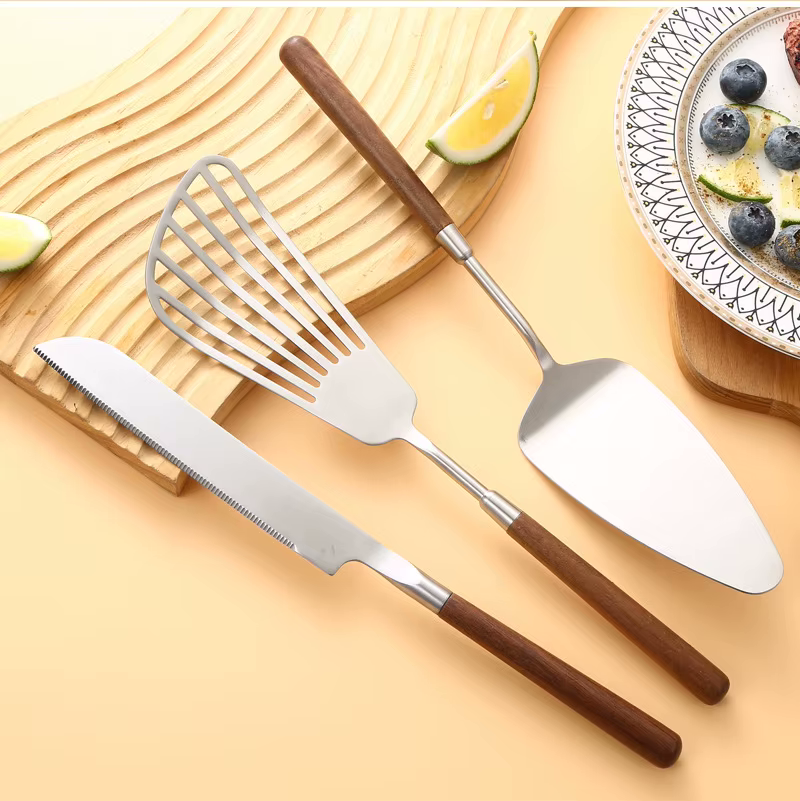 Stainless Steel Cake Knife Slotted Turner And Cake Server With Wooden Handles