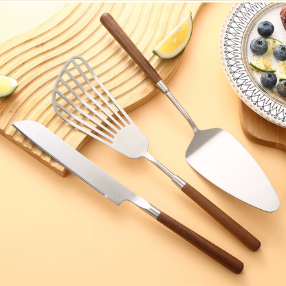 Stainless Steel Cake Knife Slotted Turner And Cake Server With Wooden Handles