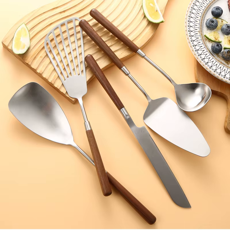 Stainless Steel Luxury Chef Sleek Wood And Metal Utensil Tools Including Serving Spoon Slotted Spatula Turner Cake Knife And Cake Shovel And Small Soup Ladle With Walnut Wooden Handles