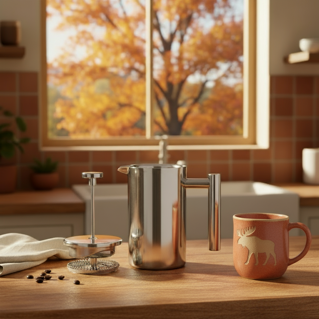Stainless Steel Metal French Press With Moose Mug In Autumn Kitchen During Fall