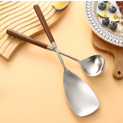Stainless Steel Serving Spoon And Small Ladle With Wooden Handles Made Of Walnut Wood Sleek Luxury Chef Tools