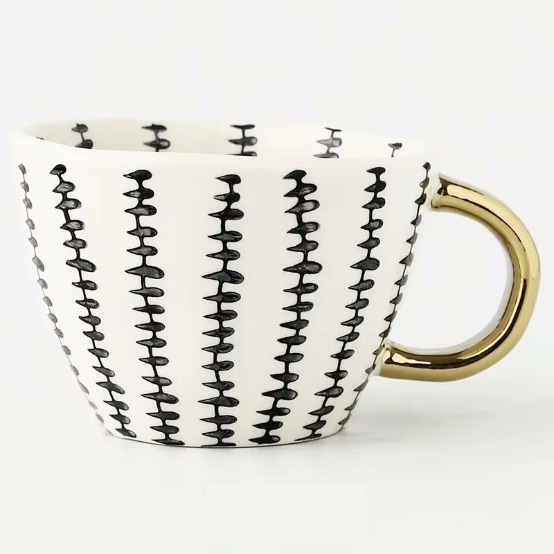Stitching Artistic Style Patterned Irregular Shaped Ceramic Mug With Gold Handle