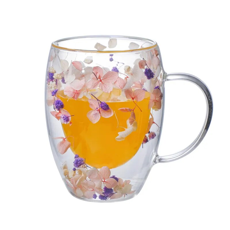 Petal Fancy Double Wall Tokyo Style Glass Mug With Dried Flowers