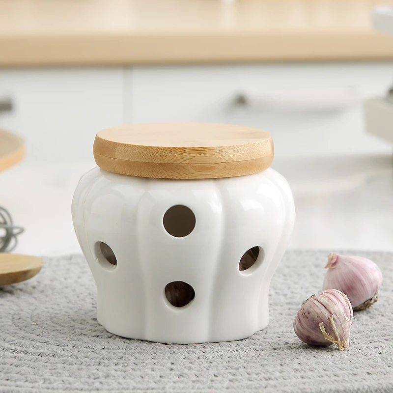 Real Bamboo Wood And Ceramic Garlic Storage Pot Simply Perfect Fresh Garlic Cellar