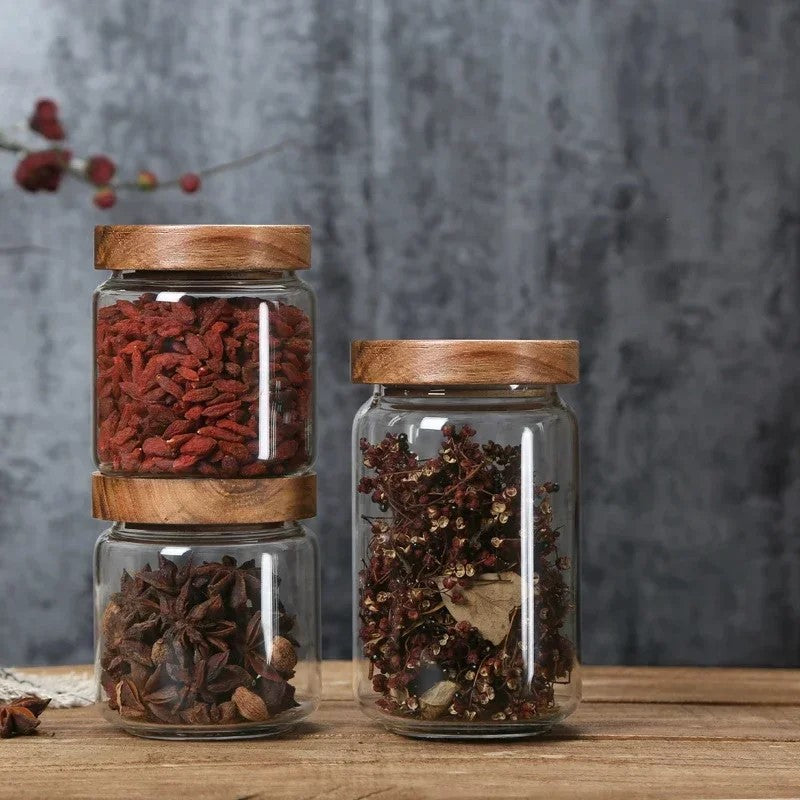 Short And Tall Food Jars In Varying Sizes Wilderness Collection Acacia Wood And Glass Kitchen Countertop Decor Canisters