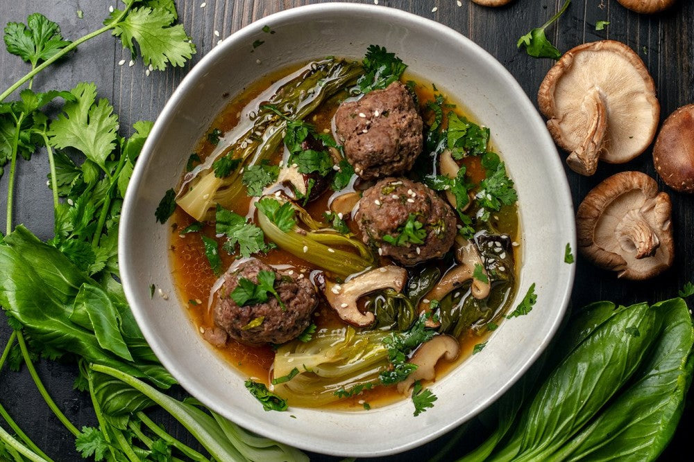 30 Minute Air Fryer Keto Sesame Ginger Meatball Soup Primal Kitchen Recipe Using Ginger Sesame Marinade Vinaigrette