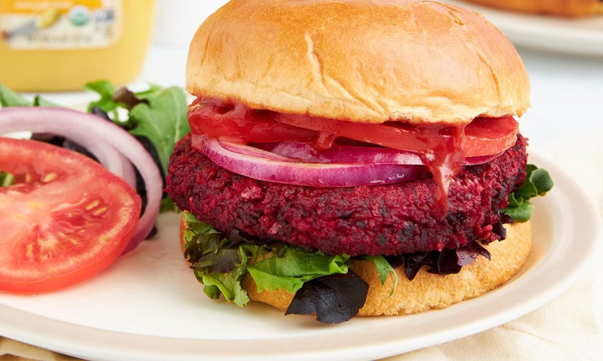 Vegan Beet Veggie Burger With Woodstock Organic Ketchup